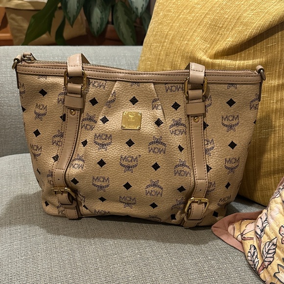 MCM Handbags - MCM Beige Logo Shoulder Bag